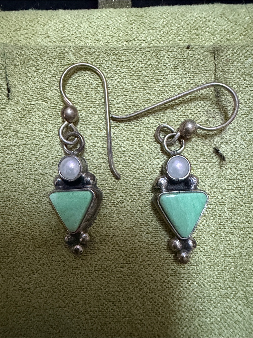 Silver Drop Earrings with Mint Green Triangle and Pearl Accent